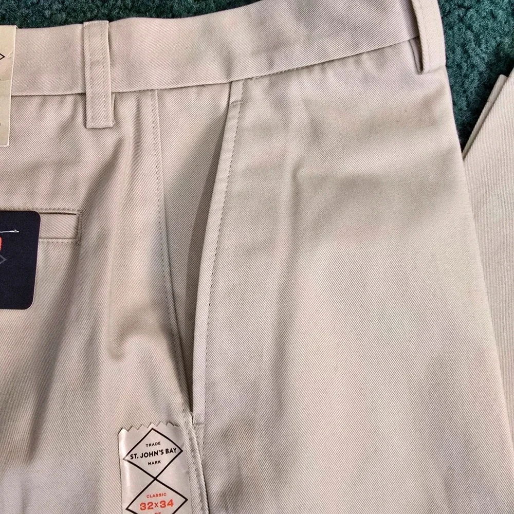 St Johns Bay Men's Worry Free Classic Fit Flat Front Pants 32x34 Stone Khaki NWT